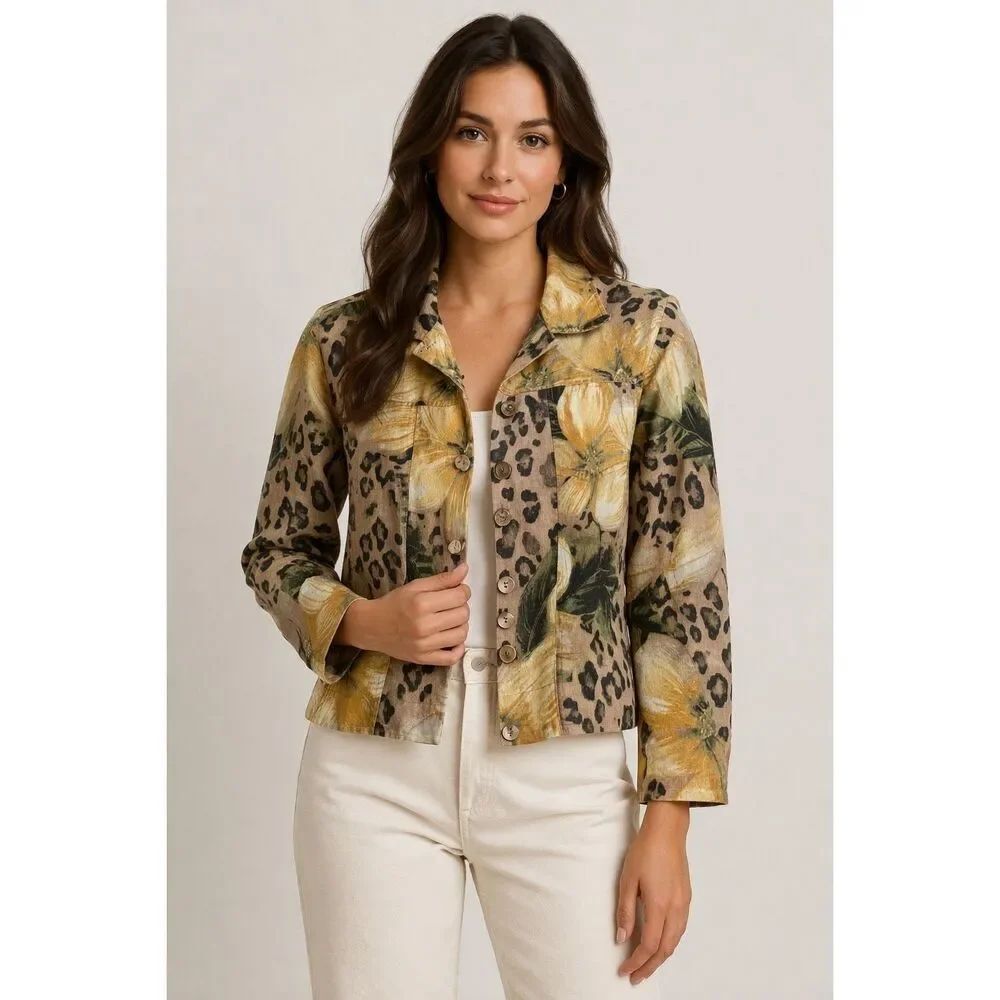 Chico’s Linen Jacket Size 2 Floral Leopard Print Button Front